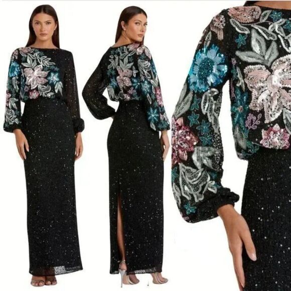 Mac Duggal 5615 Womens Black Embellished Floral High Neck Gown Maxi Dress - Picture 2 of 5